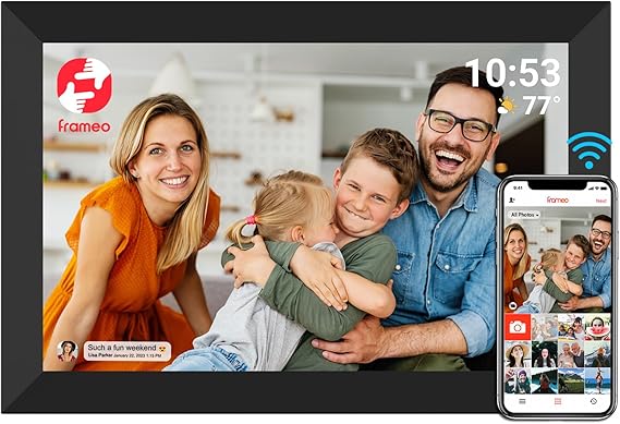 FRAMEO Digital Photo Frame WiFi 32GB 10.1 Inch 1280x800 IPS Touch Screen Digital Picture Frame Easy Setup Share Photo or Video via Frameo APP, Add a Calendar Function, Gift for Father/Grandpa