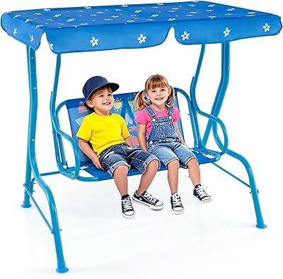 HONEY JOY Kids Patio Swing, 2-Seater Outdoor Porch Swing Lounge Chair, Adjustable Canopy & Safety Belt, All Weather Resistant Waterproof Hanging Swing Bench for Garden Poolside BalconyBlue Dinosaur
