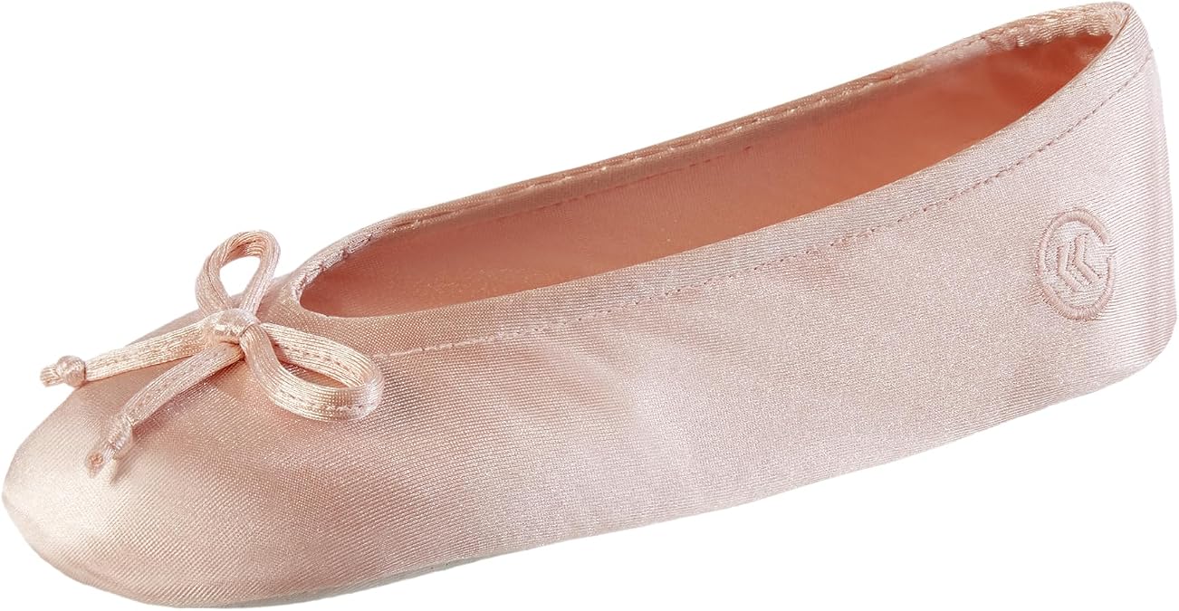 Isotoner Women's Satin Ballerina Slippers with Classic Ribbon Bow and Suede Sole