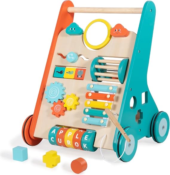 LOL-FUN Push Walker for Baby 12 Months Wooden Toy with Wheels-Orange/Blue