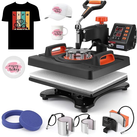 Heat Press Machine, 12 X 15 inch, 6 in 1 Heat Press, 800W Sublimation Machine, 360 Rotation Swing-Away Heat Press, Dual-Tube Heating Printing for DIY T-Shirts Cap Mugs Black