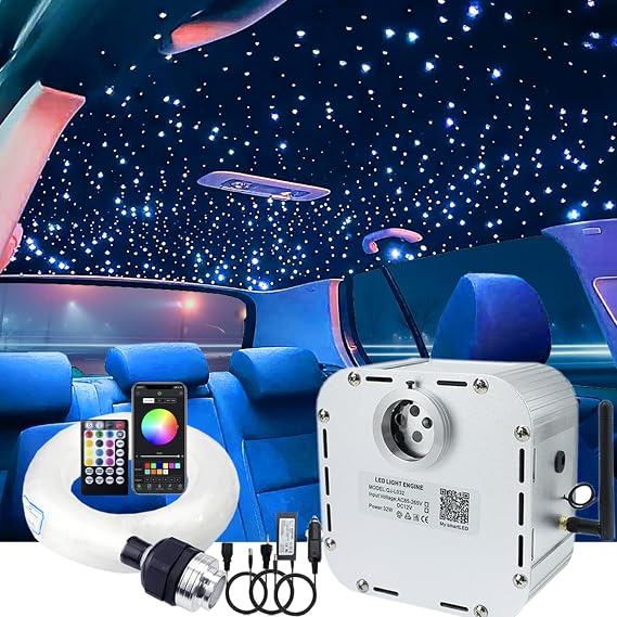 AZIMOM Bluetooth 32W RGBW Twinkle Fiber Optic Star Ceiling Lighting Kits 600pcs0.03in13.1ft End Glow Optical Fiber Cable App/Remote Control Light Source Car Home Theater Sky Ceiling Decor