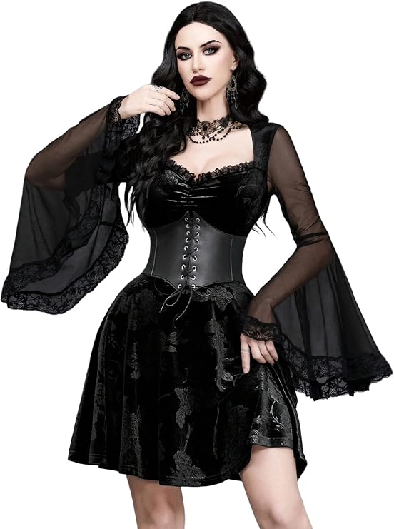 GothDark Womens Black Lace Velvet Vintage Floral Bell Sleeve Short Dress