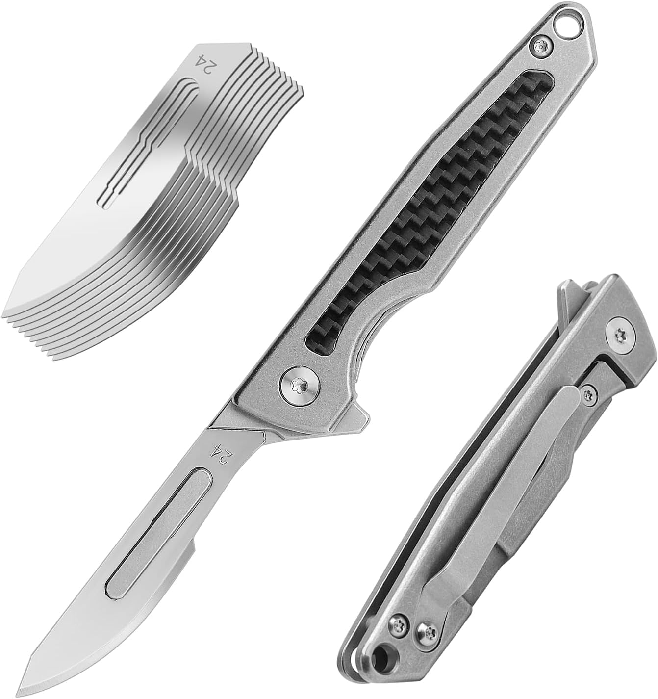 Titanium Folding Scalpel, Slim Razor Knife with Frame Lock, 10pcs #24 Replaceable Carbon Steel Blades, EDC Utility Pocket Knife with Clip, Surgical Keychain Knives for Men Hunting Skinning Outdoor #24