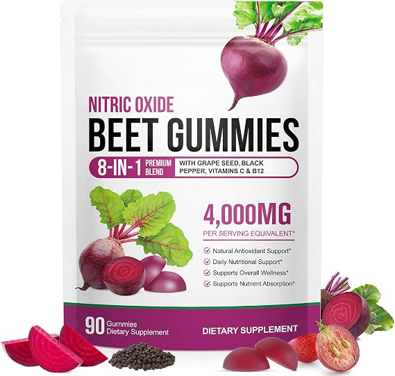 Beetroot Gummies, 90 Gummies 20:1 High-Concentration Beetroot Extract Supplement with Vitamin C, B12, Grape Seed Extract & Black Pepper, Boost Energy Levels, Supports Immune & Heart Health