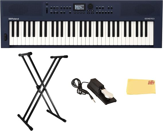 Roland GO:KEYS 3 Midnight Blue Music Creation Keyboard Bundle with Sustain Pedal, Adjustable Stand, Online Piano Lessons, and Austin Bazaar Polishing Cloth