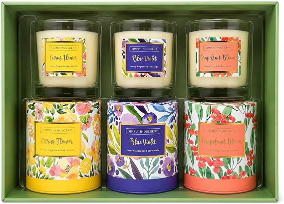 Luxury Soy Candle Gift Set 3-Pack Scented Candles (Citrus Flower, Blue Violet, Grapefruit Bloom) with Gift Boxes, Home Decor & Aromatherapy