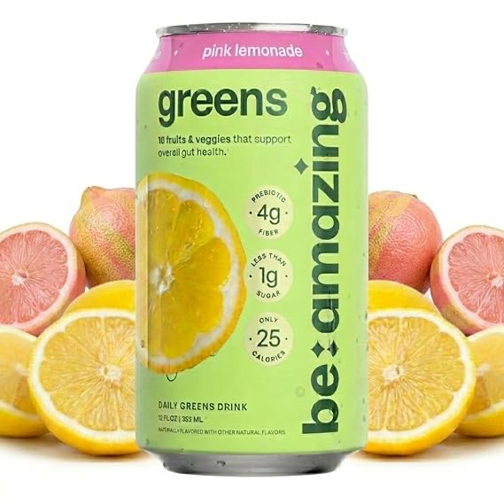 Be Amazing Greens Drink, Pink Lemonade, Ready to Drink, 10 Organic Fruits & Vegetables, Coconut Water, Vitamin C, Prebiotic Fiber, 25 Calories, Low Sugar, Vegan, Gluten Free, On the Go, 8 Pack