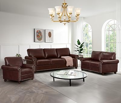 Antetek 3-Piece Faux Leather Sofa Couch Set, Mid-Century Modern Arm ChairLoveseat Sofa3 Seater Couch with Storage Space, Comfy Upholstered Sofas for Living Room, Furniture Set, Brown