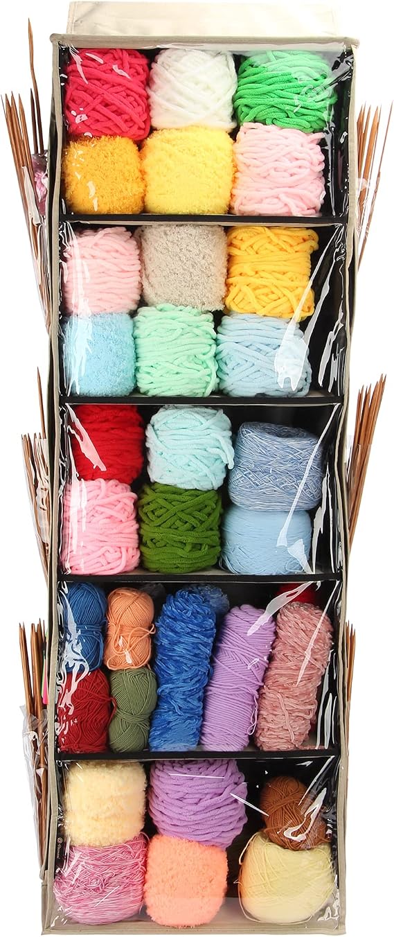 PACMAXI 5 Compartments Hanging Yarn Knitting Storage Organizer with Zipper Closure, Yarn Over Door Display Holder with 6 Clear Pockets On Side for Knitting Needles, Crochet Hooks (L Size, Linen)