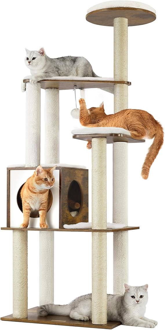 Feandrea Cat Tree, 64.6-Inch Multi-Level Tower with 5 Scratching Posts