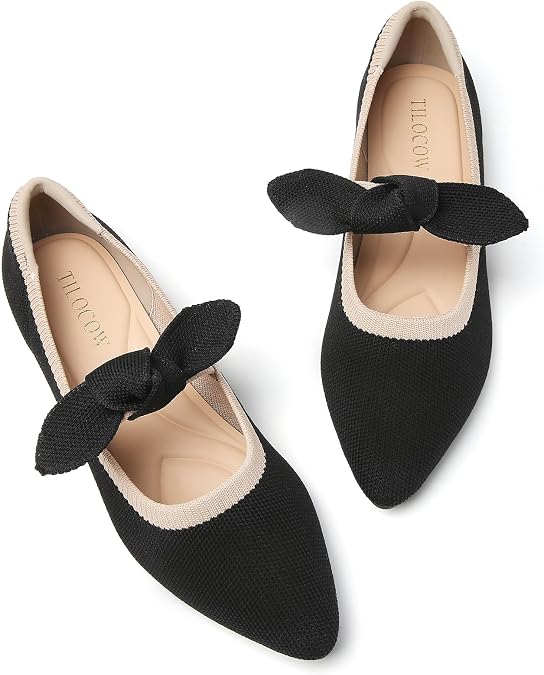 Tilocow Women's Ballet Flats Work Dressy Pointed Toe Bow Shoes