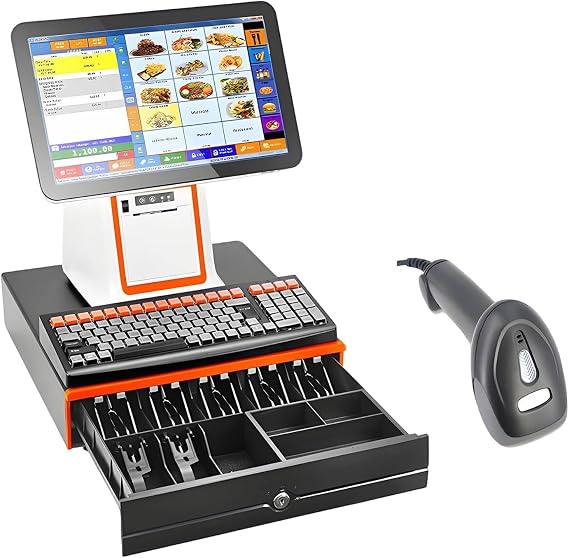 Smart Cash Register, All-in-One Cash Register, LCD Touch Screen Cash Monitor, POS Terminal with Portable Scanner,White