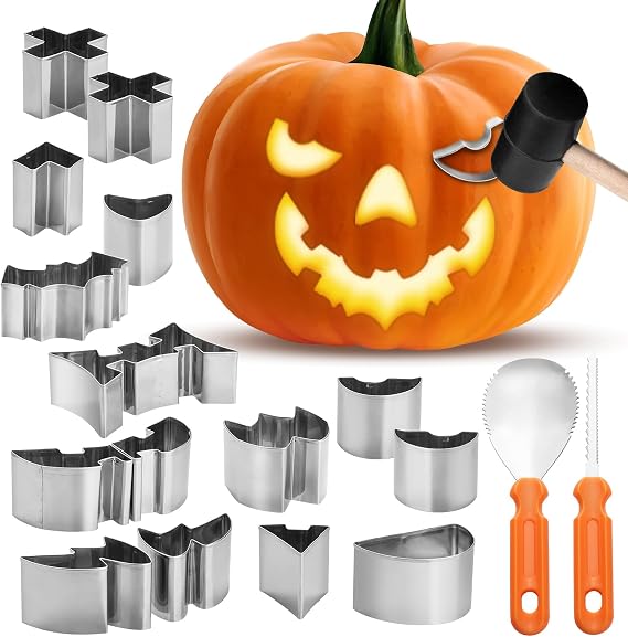 choxila 2026 Upgraded Halloween Pumpkin Carving Kit, 18-Piece Set with Stencils, Hammer, Saws & Scoops Safe for Kids