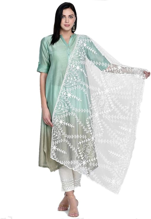 DUPATTA BAZAAR Woman's White Embroidered Net Dupatta
