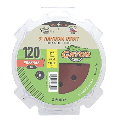 Gator Random Orbit Hook & Loop Sanding Discs, 5", 120 Grit, 50-Pack | 8-hole Red Resin hook & loop sanding discs. Aluminum-oxide discs for orbital sanders; fast, long-lasting on wood & metal.