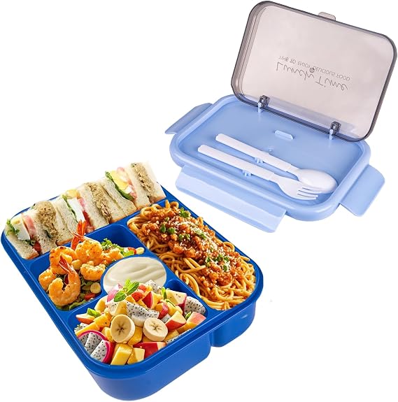 Bento Lunch Box for Adults, 5 Compartments Lunchbox Container with Spoon & Fork, Leakproof and Dishwasher & Microwave safe, Durable Food-Safe Materials(Blue)