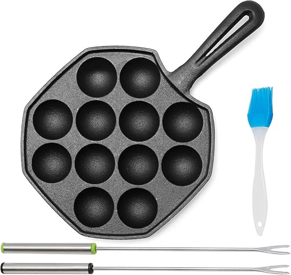 Anxingo Cast Iron Takoyaki & Aebleskiver Pan, 12-Hole, 7.5-Inch | Compact 7.5-inch 12-well pan for takoyaki, aebleskiver and pancake balls; uncoated cast iron requires drying and oiling