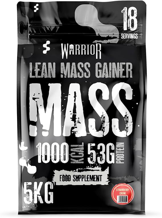 Warrior Mass Protein Powder – 5.04kg – Serious Mass Gainer – High Calorie, Weight Gain Supplement – 61g of Protein, 18 Servings, 1000+ Calories Shake, Supports Muscle Growth (Strawberry Crème, 5kg)
