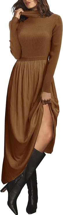 Womens Fall Mock Turtleneck Long Sleeve Ribbed Knit Pullover Tops Fashion Long Maxi Dress
