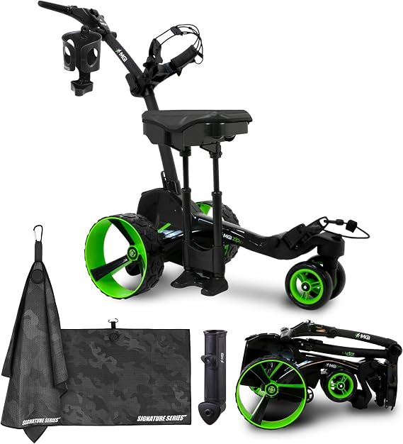 MGI Zip X5 Electric Golf Push Cart with Seat | Zip Folding Caddy, All-Terrain Wheels, Plays 36 Holes, Adjustable Speed, 3 Wheels, Display Screen, Odometer | Signature Series Golf Towel