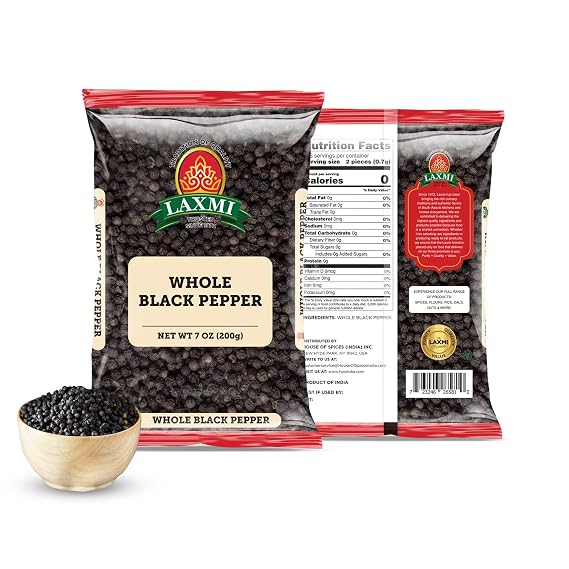 Laxmi Black Pepper Whole Peppercorns 200gm | Tellicherry Black Peppercorn | Premium quality and high value Peppercorns, black | Ethical sourced