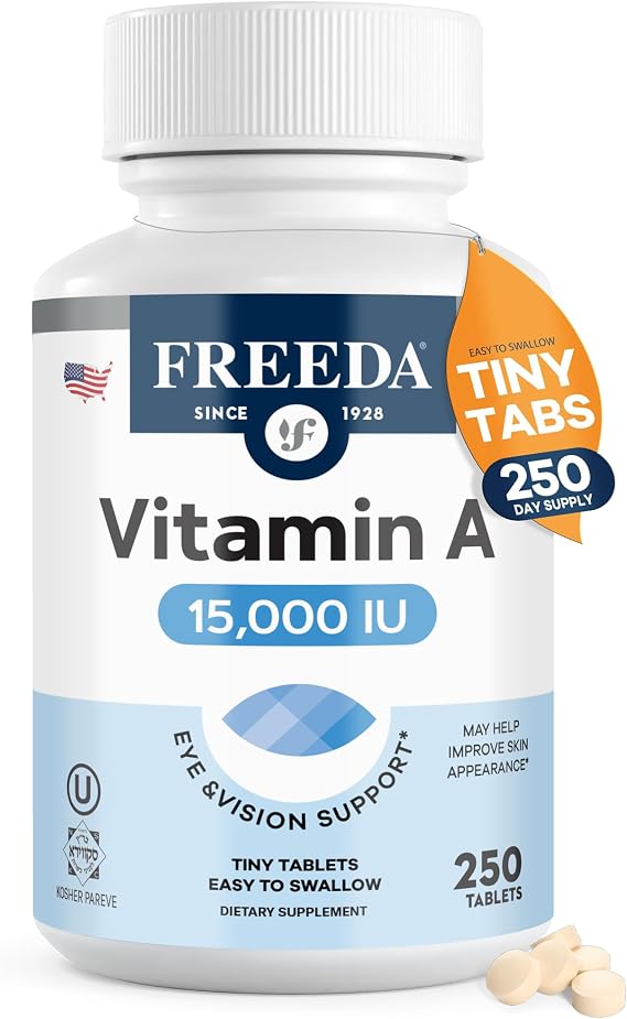 FREEDA Vitamin A 15,000 IU Retinyl Palmitate Vegan, Kosher, No Fish Eye, Vision, Immune & Skin Support Tiny Easy-to-Swallow Tablets VIT A Vitamina A Supplement 250 Tablets | Supports Healthy Vision, Skin, and Immune Function Highly Absorbable Tiny Easy-to-Swallow Tablets, Made in USA