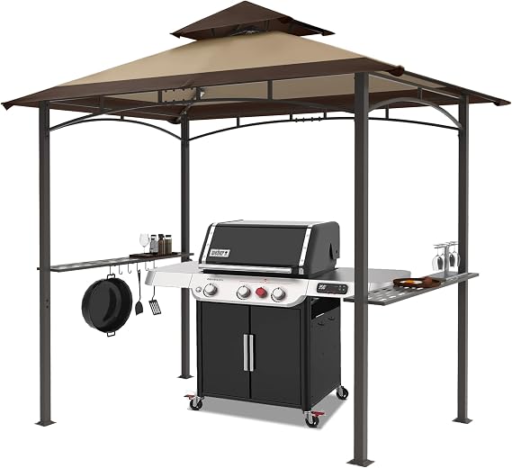 MASTERCANOPY 8 x 5 Grill Gazebo Outdoor BBQ Gazebo Canopy with 2 LED Lights (Brown Stitching Khaki)