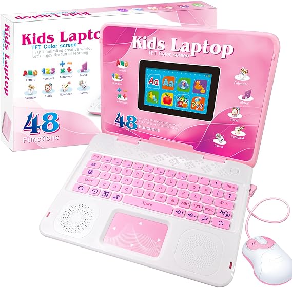 Kids Laptop Educational Toy, 48 Learning Activities, 15x8cm Colour Screen, Maths English Music Games, Boys & Girls Age 5+, Pink