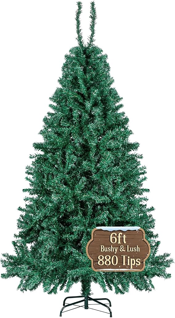 6FT Christmas Tree, Artificial Christmas Tree with 880 Tips Bushy Christmas Tree Fake Pine Tree with Hinged Branches & Foldable Metal Stand Holiday Decor Green Xmas Tree for Home Party Indoor Outdoor