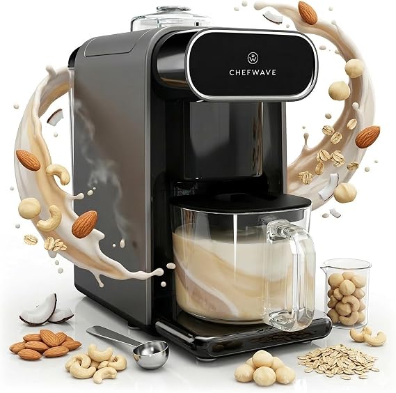 ChefWave Milkmade 6-in-1 Plant-Based Milk Maker (Silver/Black) | Self-cleaning cycle, delay start, no soaking needed, glass pitcher