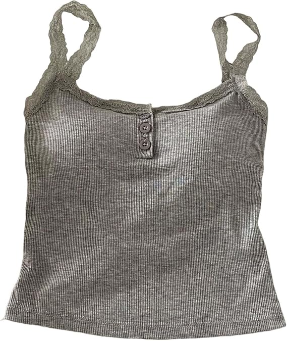 Women Tank Tops with Built in Bras Lace Trim Stretchy Sleeveless Henley Shirt Summer Ribbed Knit Basic Camisole