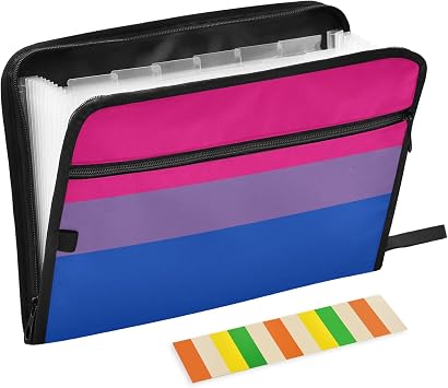 Bisexual Pride Flag Expanding File Folder with Zipper Closure 13 Pockets Accordion Expanding File Document Organizer with Sticky Labels and Front Pocket Holder for A4 Letter Size