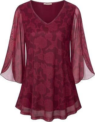 Bebonnie Womens Ruffle 34 Sleeve V Neck Double Layers Mesh Blouses Loose Fit Flowy Tunic Tops