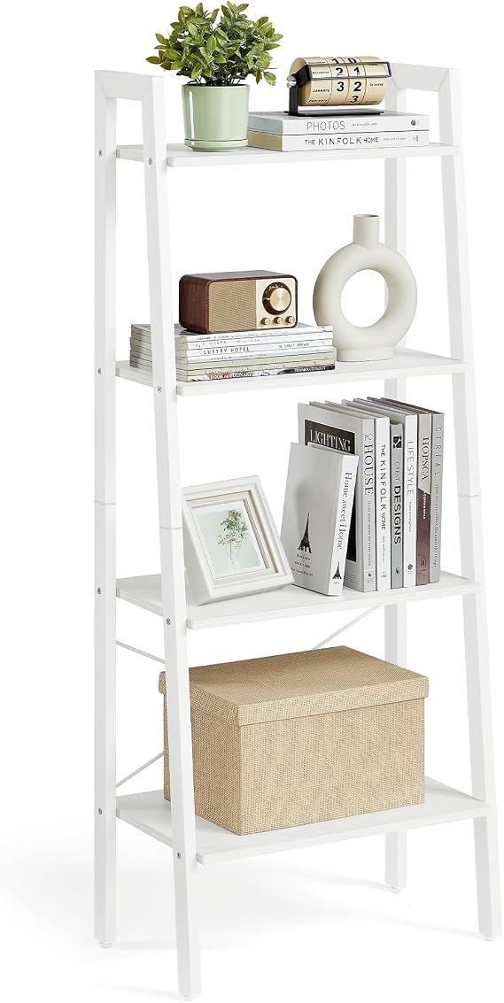 VASAGLE Ladder Shelf, 4-Tier Bookshelf, Bookcase, for Living Room, Bedroom, Kitchen, Home Office, Industrial Style, Steel Frame, Maple White and Pearl White LLS044W44