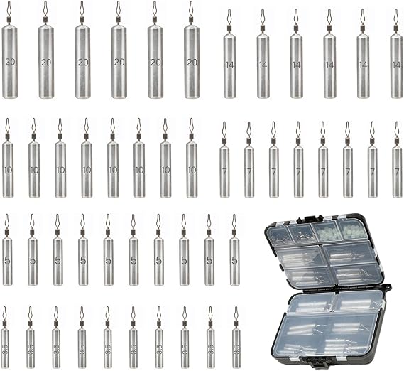 48Pcs Drop Shot Weights Set, Slim Pencil Style | Lead Fishing Weights Sinkers Kit, Dropshot Rigging, 6 Sizes Assorted, Includes Barrel Swivel and Rig Beads