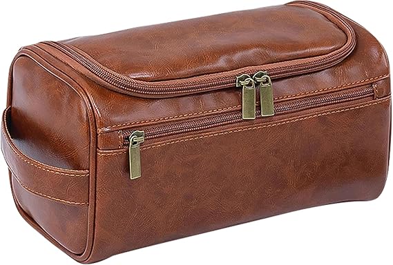 PU Leather Toiletry Bag for Men, Dark Brown Wash Bag for Travel, Gym & Shaving, Dry & Wet Separation with 3 Compartments - Perfect Men's Washbag (Brown)