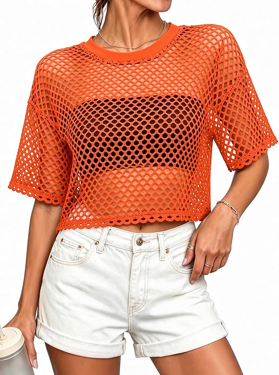 Women's Mesh Top Fishnet T Shirts Sheer Short Sleeve See Through Crop Tops