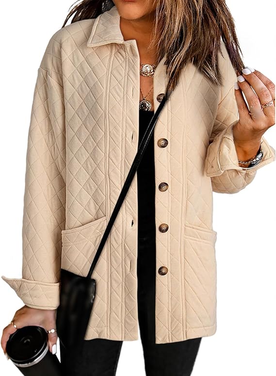 Womens Quilted Jackets Lightweight Puffer Button Down Long Sleeve Solid Coat Fall Winter Warm Outerwear