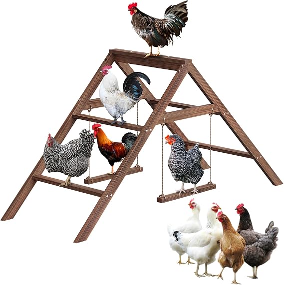 Large Chicken Perch with 2 Swings, Wood Roost Stand for 10-12 Chickens, Multi-Level Chicken Roosting Bars, Easy to Assemble Backyard Chicken Coop Accessories