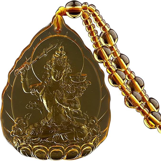 Crystal Quan Yin Goddess of Compassion Mercy Yellow Pendant Necklace Kuan Yin Guan Yin Chinese Feng Shui Amulet Kwan Yin Avalokitesvara for Healthy Wealth