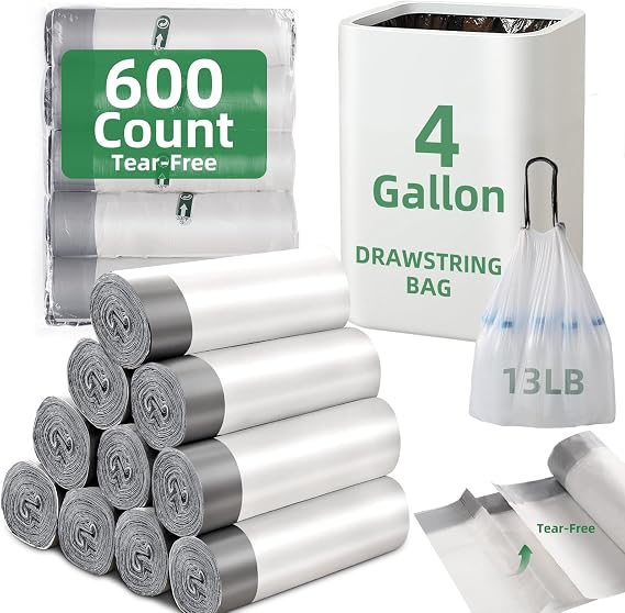 600 Counts 4 Gallon Trash Bag Drawstring Small Trash Bags, Thick Pre-separated Garbage Bags, Trash Bin Liners, Suitable for bathroom, kitchen, bedroom, office (White)