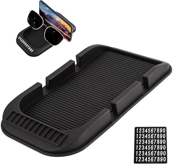 Car Dashboard Anti-Slip Mat Cell Phone Holder, Double-Groove Non-Slip Car Dash Board Pad with Number Plate, Multifunctional Auto Phone Mount Mat Pad for All Smartphones
