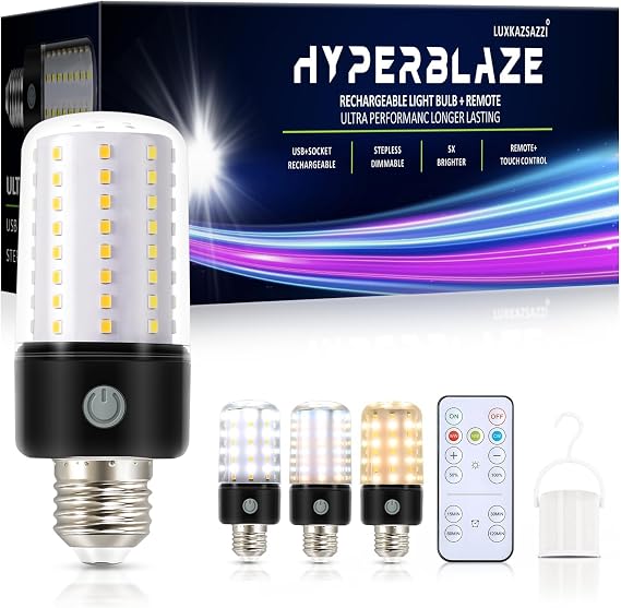 HYPERBLAZE Battery Operated Light Bulbs for Lamps, Wide Bright & 3 Colors & Dimmable Rechargeable Light Bulbs with Remote for Sconces, USB+ E26 Lamp Socket Charging for Non-Hardwired Fixture