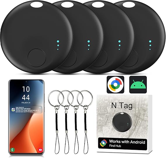 Air Tracker for Android, Air Tracker-4 Pack Android, Bluetooth Tracking Tag Compatible Google Find Hub App, Smart Tracker Key Finder for Key Wallet Bag Luggage - Black