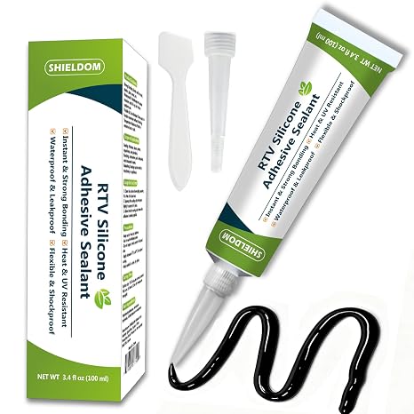 SHIELDOM RTV Silicone Adhesive Sealant 100% Silicone Sealer All-Purpose Caulk Waterproof Stronger Adhesion, Shrink & Crack Proof Caulking for Car, Kitchen, Window, Bathroom, Door (Black, 3.4 Fl. Oz.)