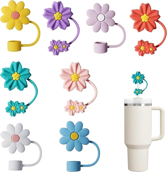 Silicone Cherry Blossom Straw Cover Set for Stanley Cups 30oz & 40oz, 10mm 0.4in Dust-Proof Reusable Drinking Straws Accessories,8pcs Flower Straw Tip Covers Gift for Party Decor (Flower)