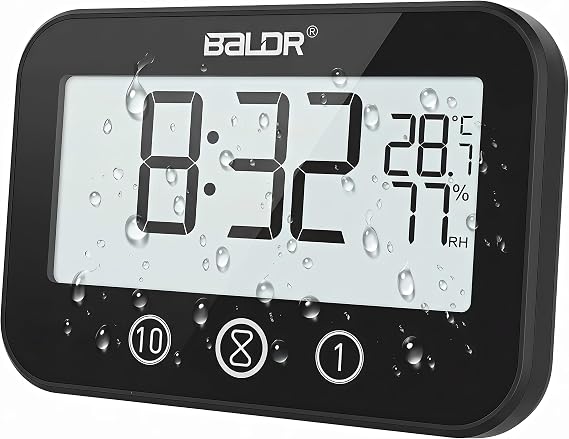 Digital LCD Waterproof Timer Shower Clock, Waterproof for Water Spray, Bathroom Clock Wall Mount, Two Suction Cup, Displays Time, Temperature, and Indoor Relative Humidity (1, Black)