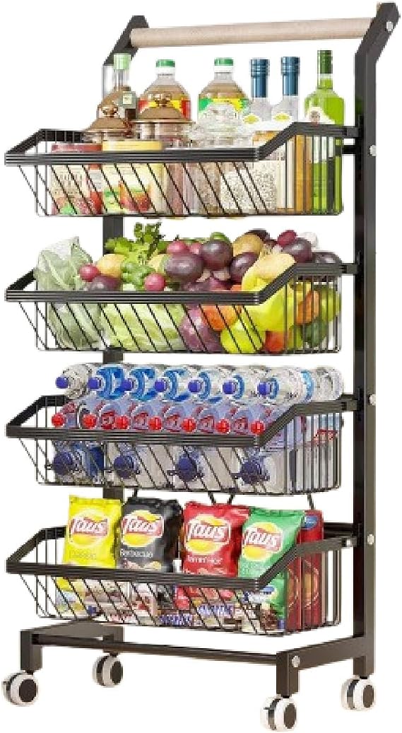 4-Tier Rolling Storage Cart with Wheels, Adjustable Metal Fruit & Vegetable Basket Organizer with Wood Handle, Mesh Wire Utility Rack for Kitchen, Pantry, Bathroom, Black
