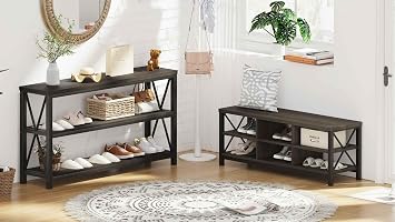 FATORRI Console Table and Shoe Bench for Entryway (Walnut Brown)
